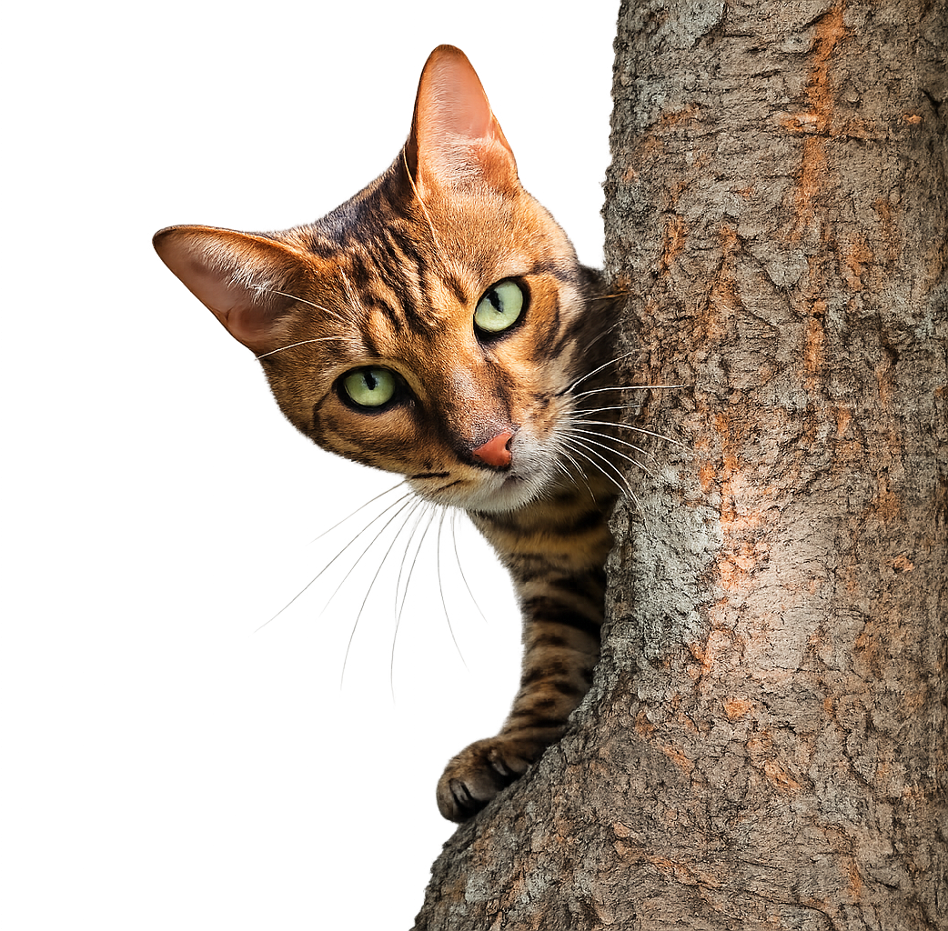 Cat peering around tree